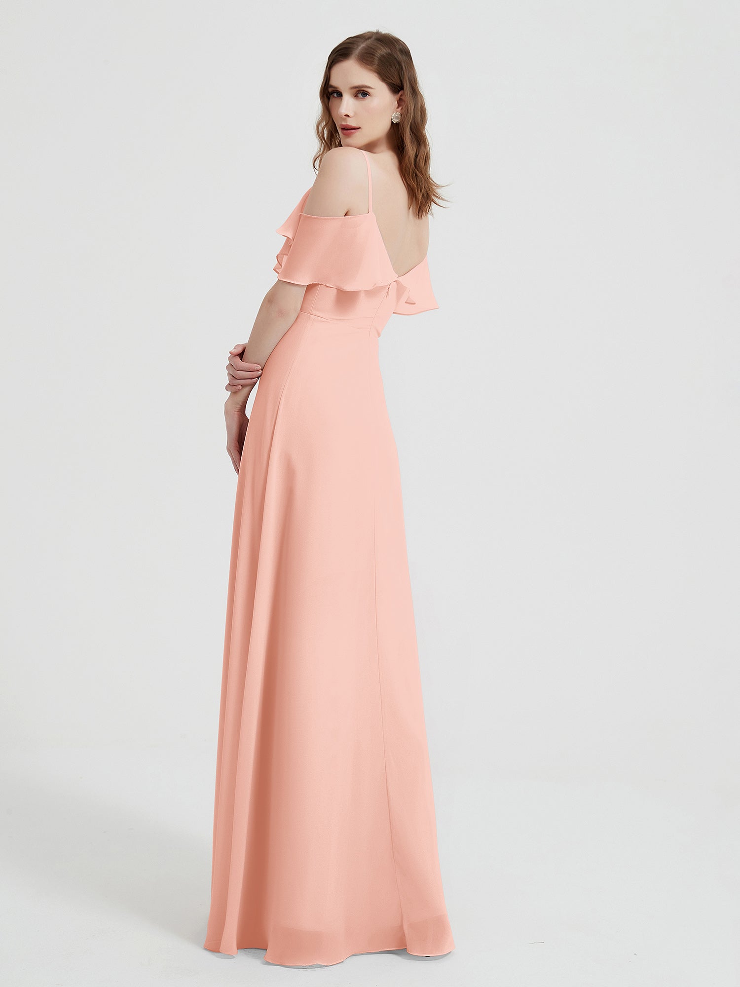 V-neck Chiffon Bridesmaid Dress with Ruffles Coral